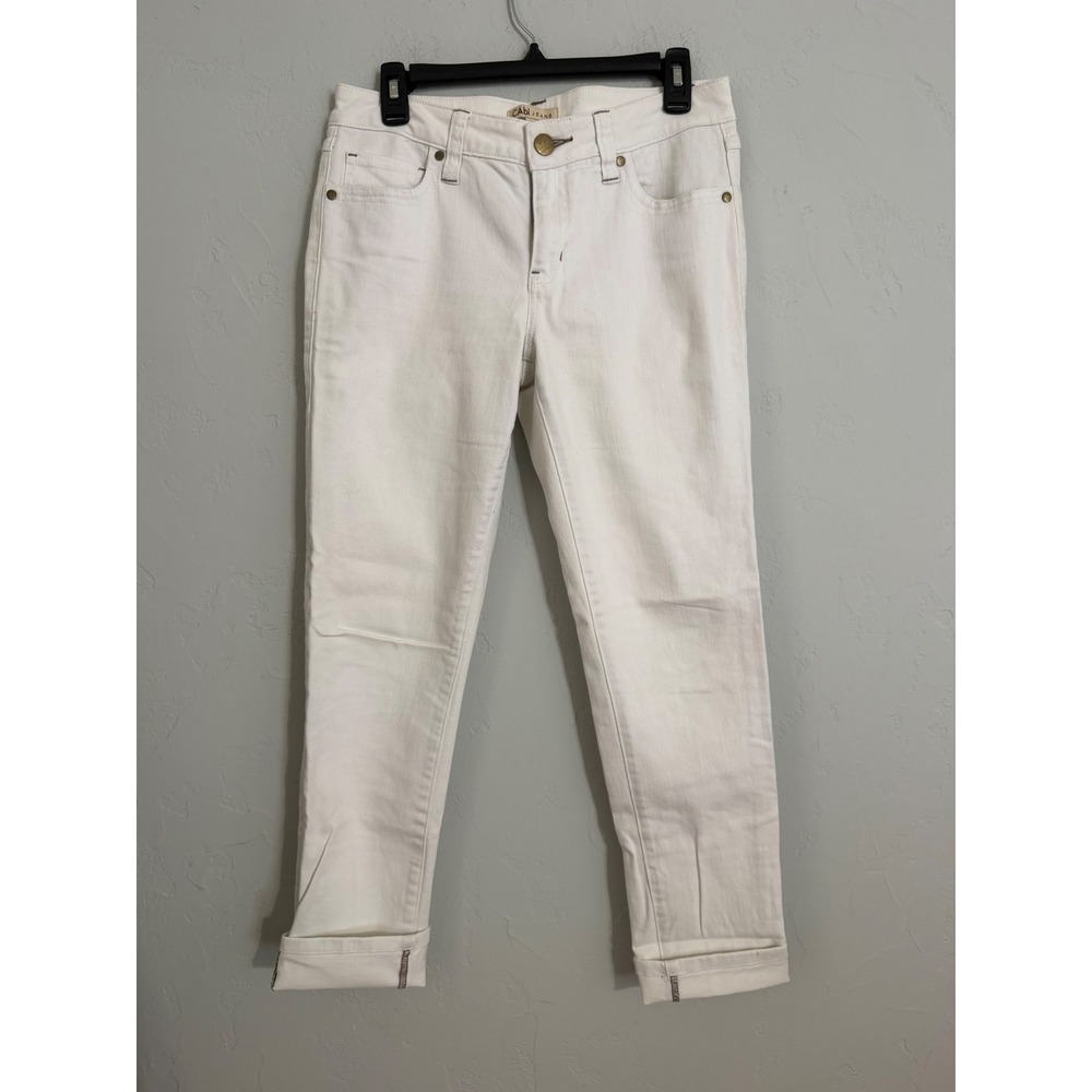 Cabi Jeans Womens 6 White‎ Denim Straight Leg Embroidered Back Pocket Cuffed Hem